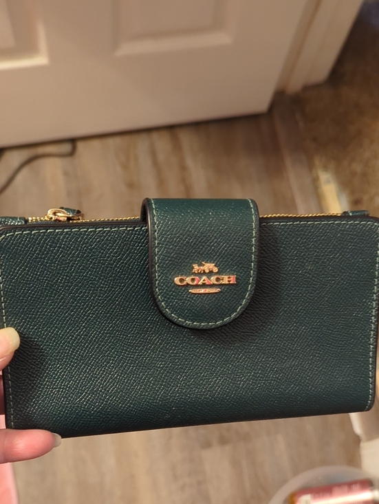 Coach Handbags - Coach Teal Saffiano Leather Compact Wallet with Gold Logo